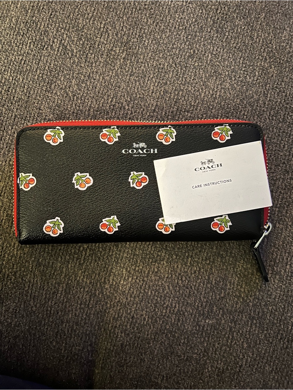 Coach Black Cherry Print Zip Wallet with Red Trim